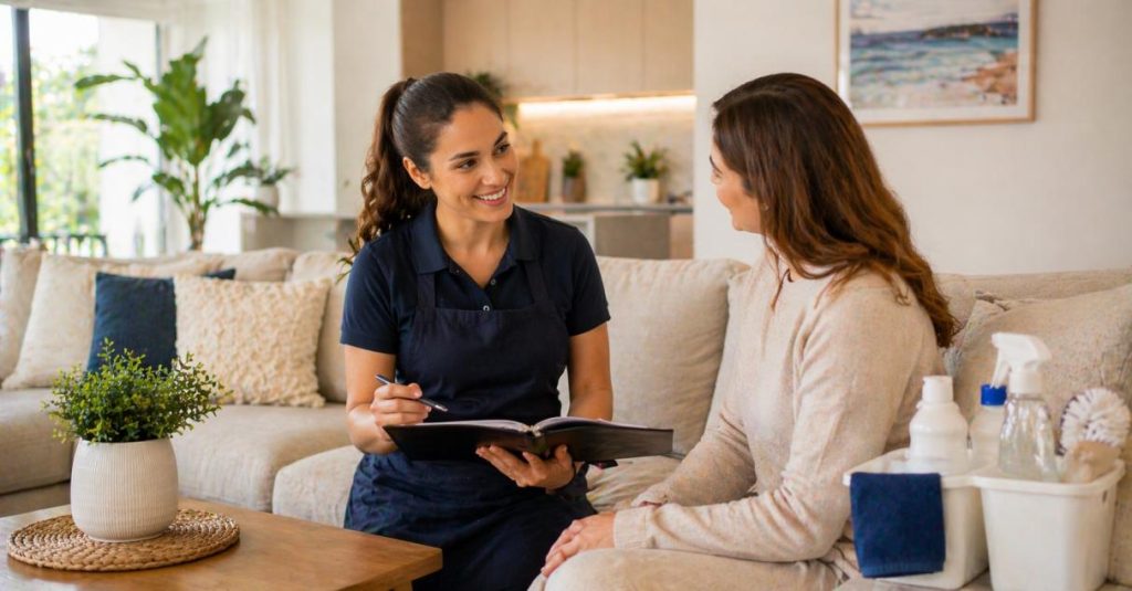 Cleaner discussing home cleaning needs with a client in a clean modern Mandurah home.